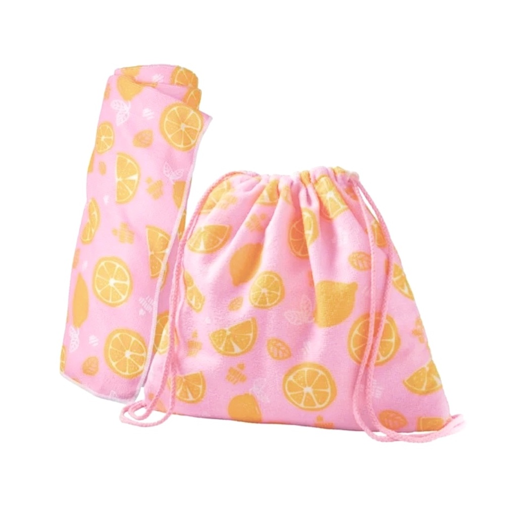 Ulta Beaty pink & lemons TOWEL & DRAWSTRING BACKPACK 2 in 1 FACTORY WRAPPED
